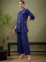 Blue Embroidered Shirt With Palazzos Co-Ords - Image 4