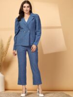 Blue Lapel Collar Long Sleeves Pure Cotton Blazer With Trouser
