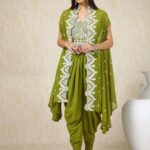 Green Floral Embroidered Round Neck Top & Patiala With Shrug
