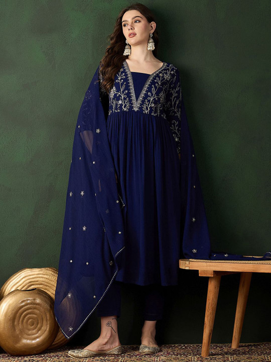 19 Navy Blue Ethnic Motifs Embroidered A-Line Kurta With Trouser & Dupatta - Image 1